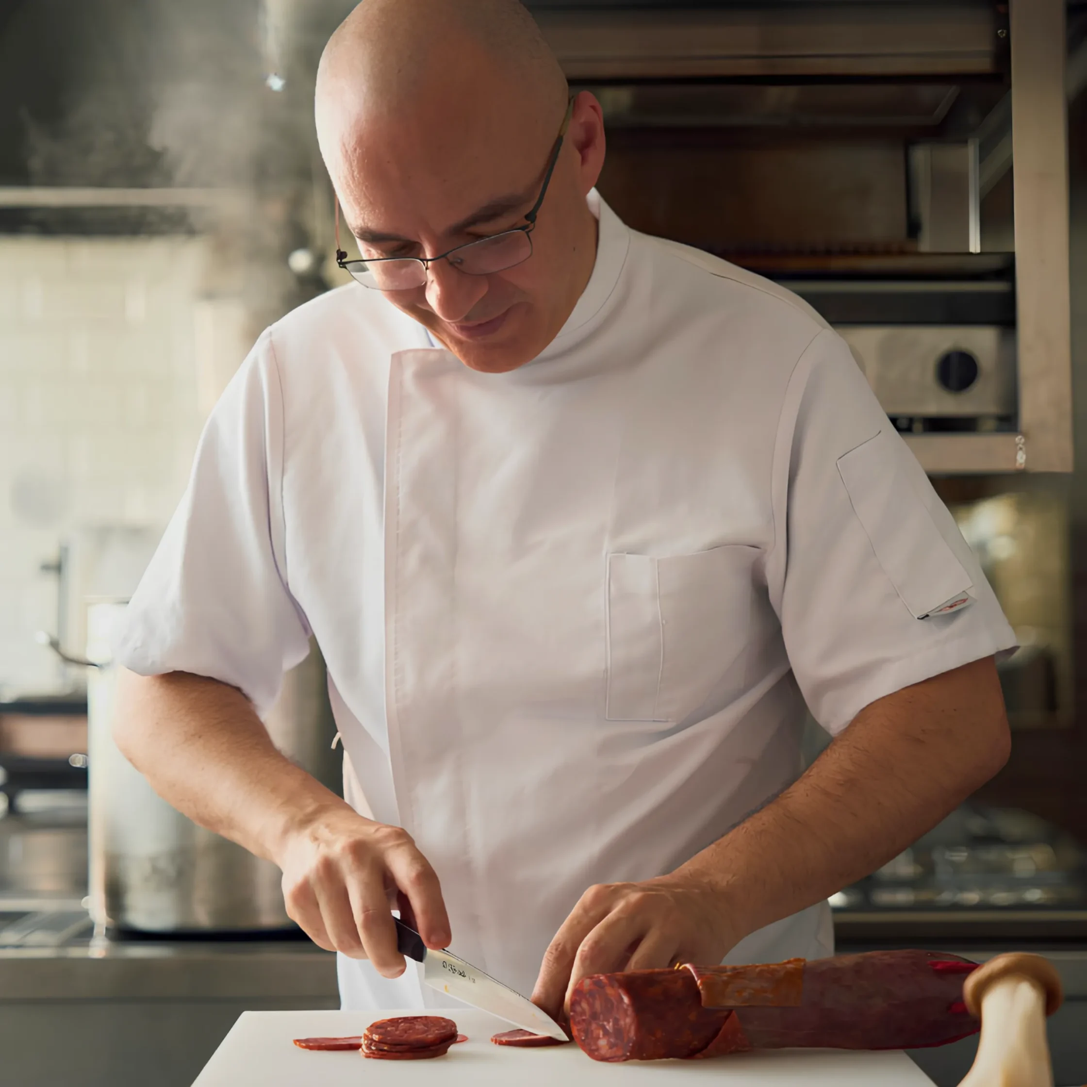 Chef in white uniform slicing cured meat on a cutting board with a knife in a professional kitchen.