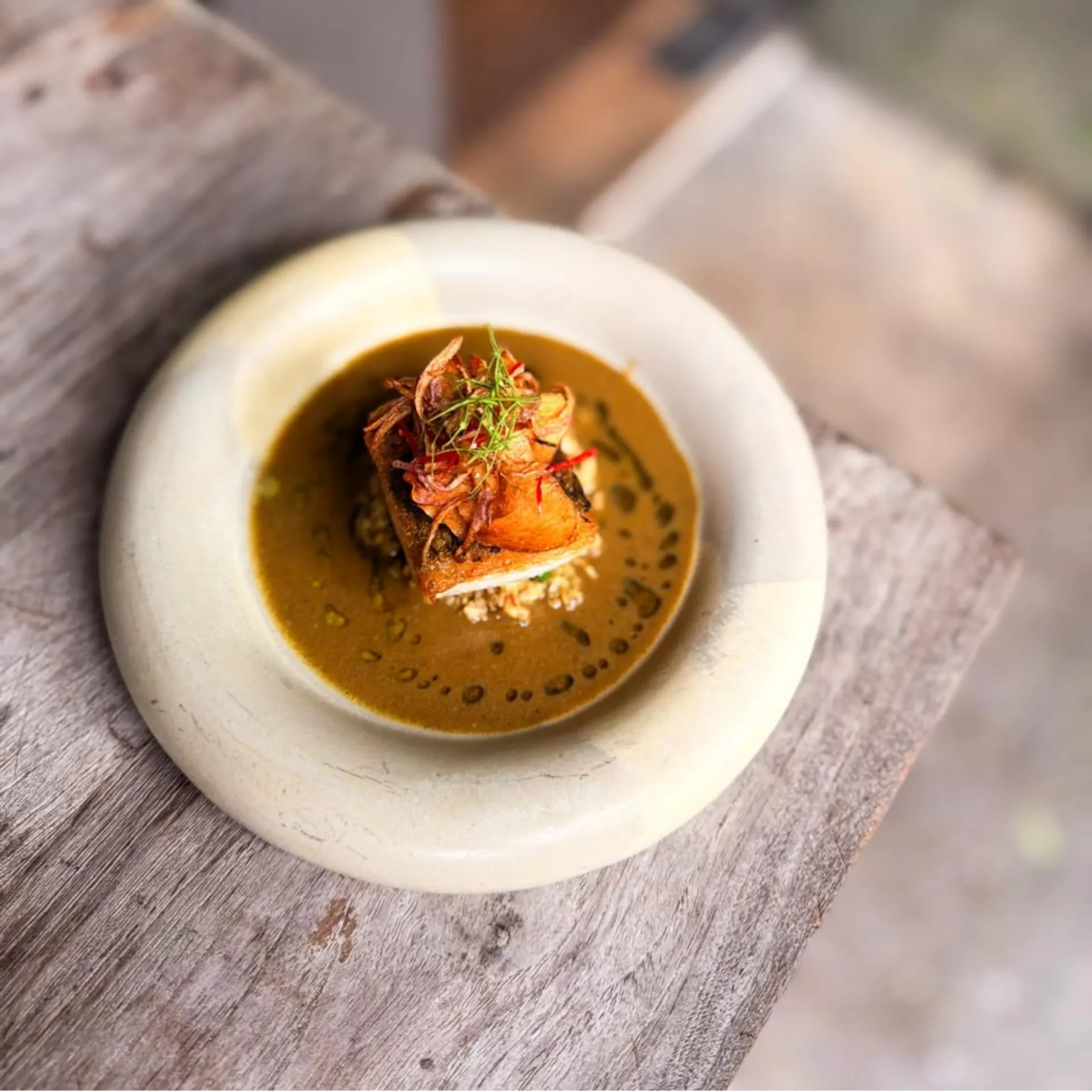 Close-up of a bowl of brown soup topped with crispy fried garnish and fresh herbs on a wooden table