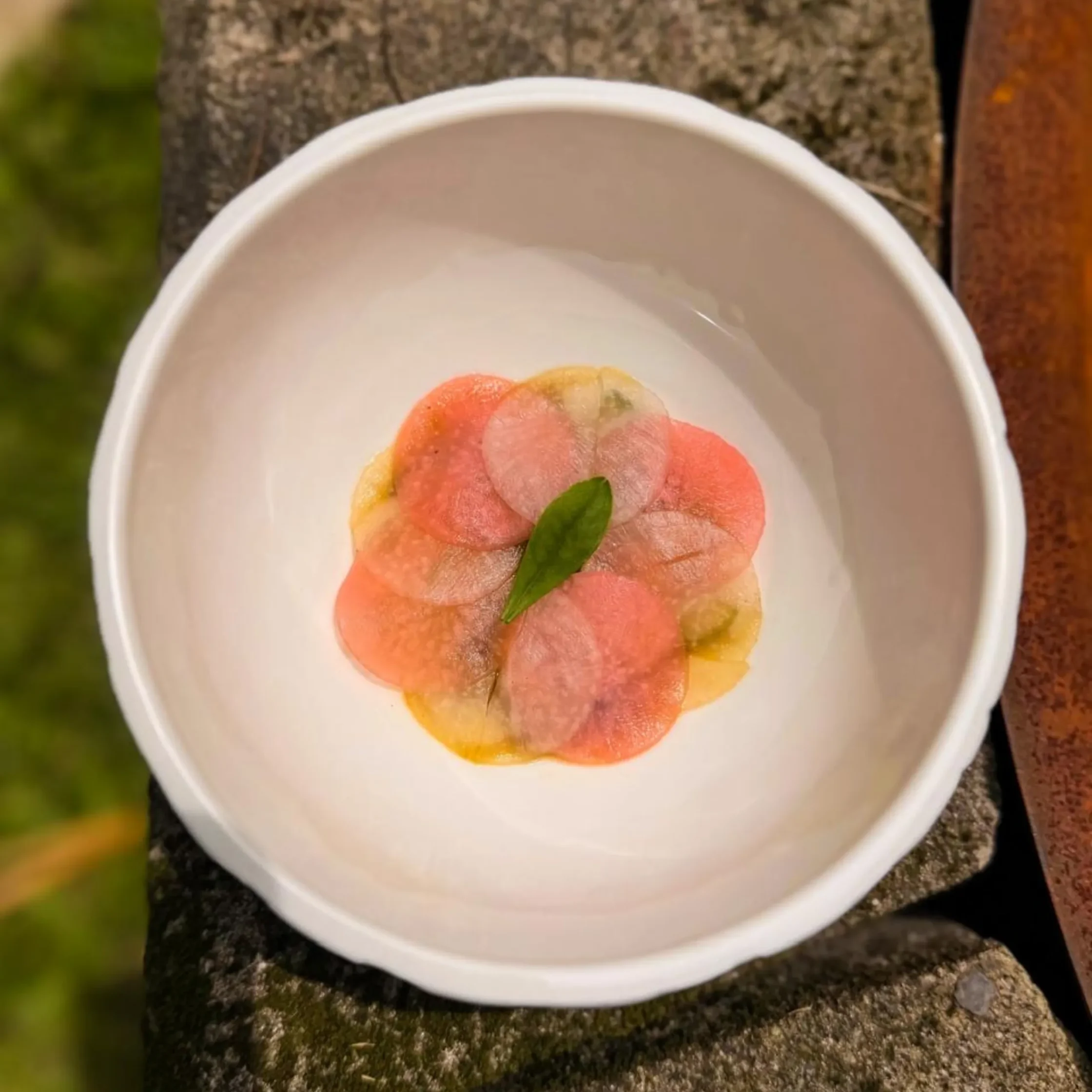 White bowl with thin pink radish slices and a green herb leaf on a stone countertop, viewed from above.