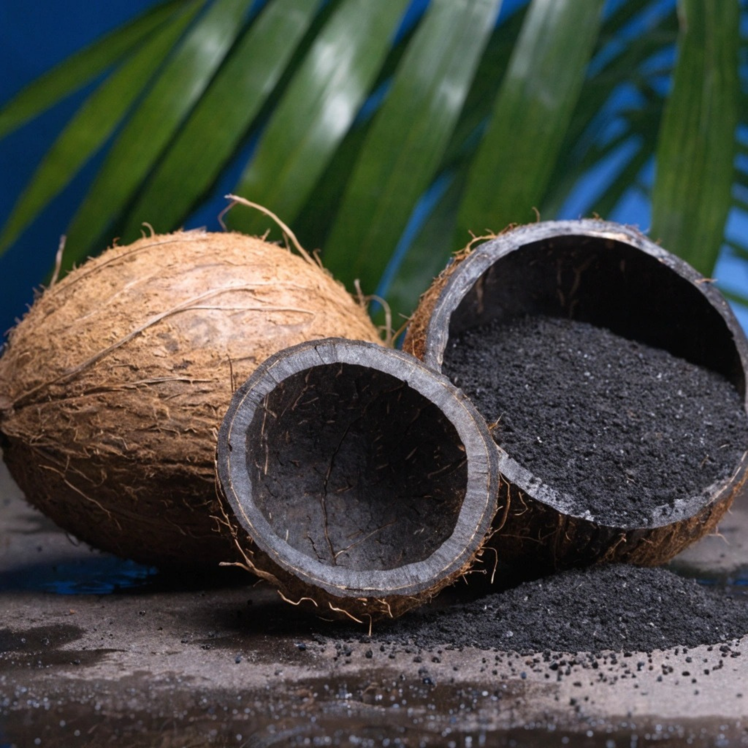 Three brown coconuts, one whole and two cut open, spill dark charcoal-like powder onto a wet surface against green palm leaves, creating a rustic tropical scene.