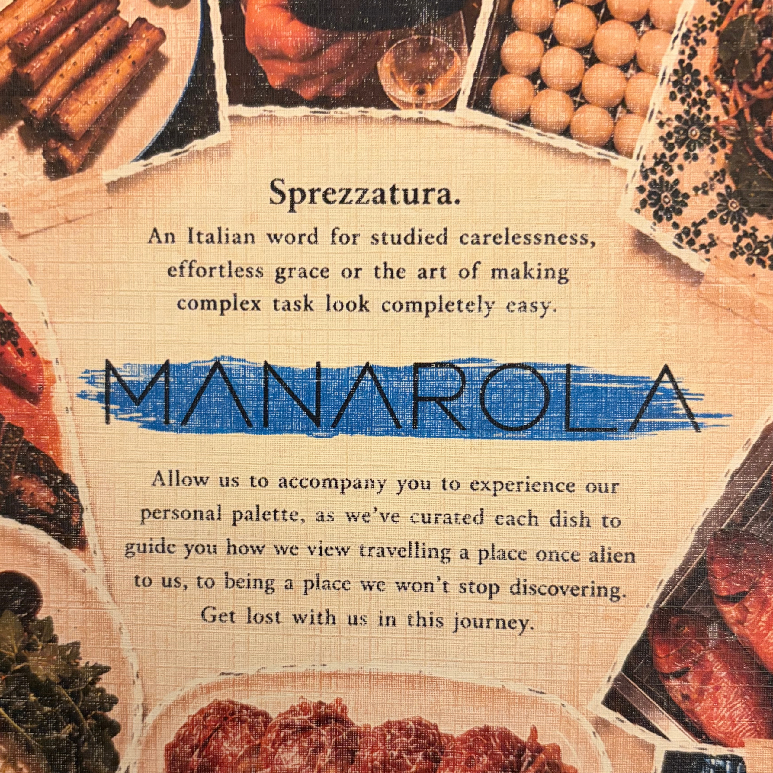 Vintage travel poster for Manarola, Italy, with bold blue lettering over a warm map collage; inviting text evokes relaxed discovery and adventure.
