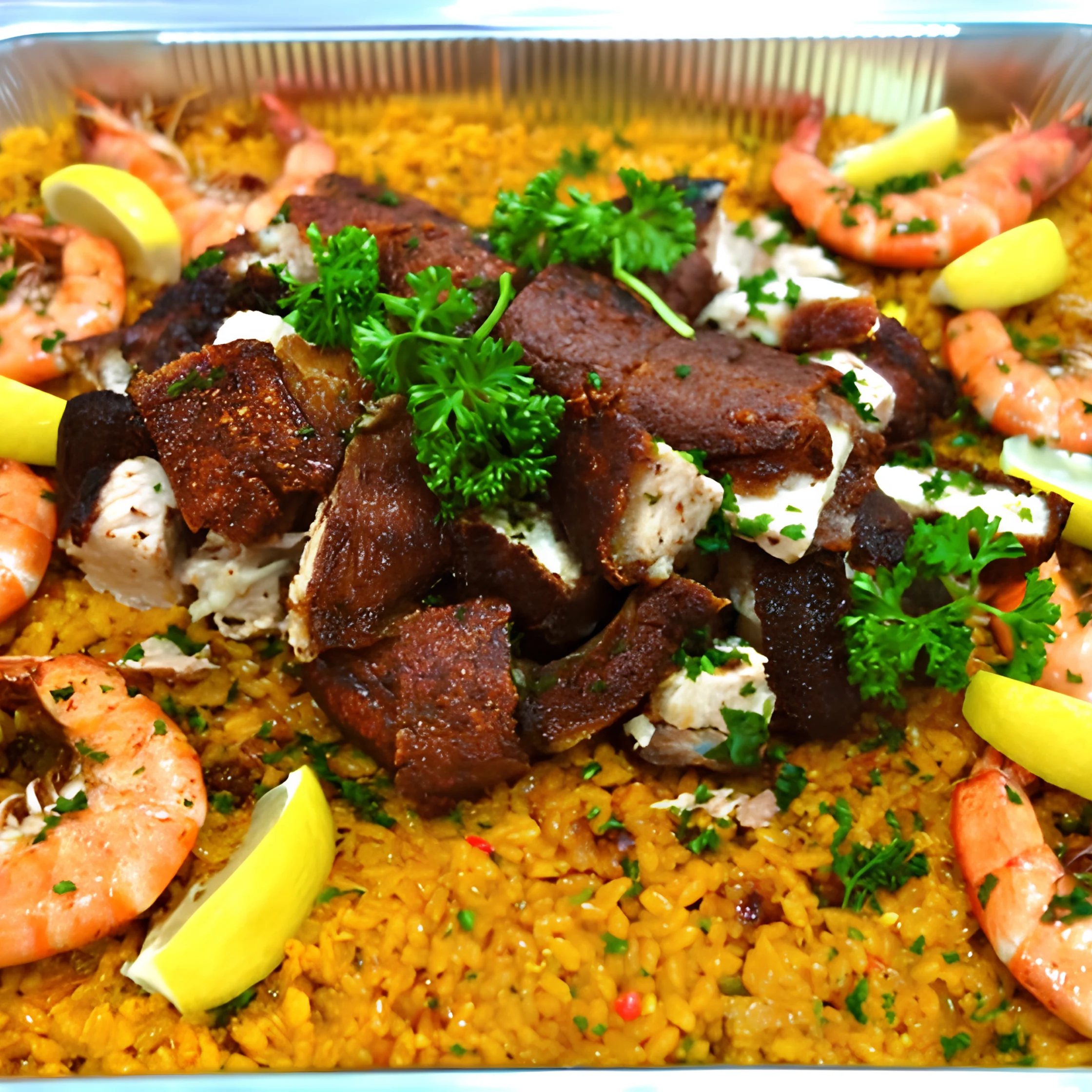 Festive seafood paella topped with grilled meat, prawns, lemon wedges, parsley, and creamy sauce in a foil tray; colorful and appetizing.