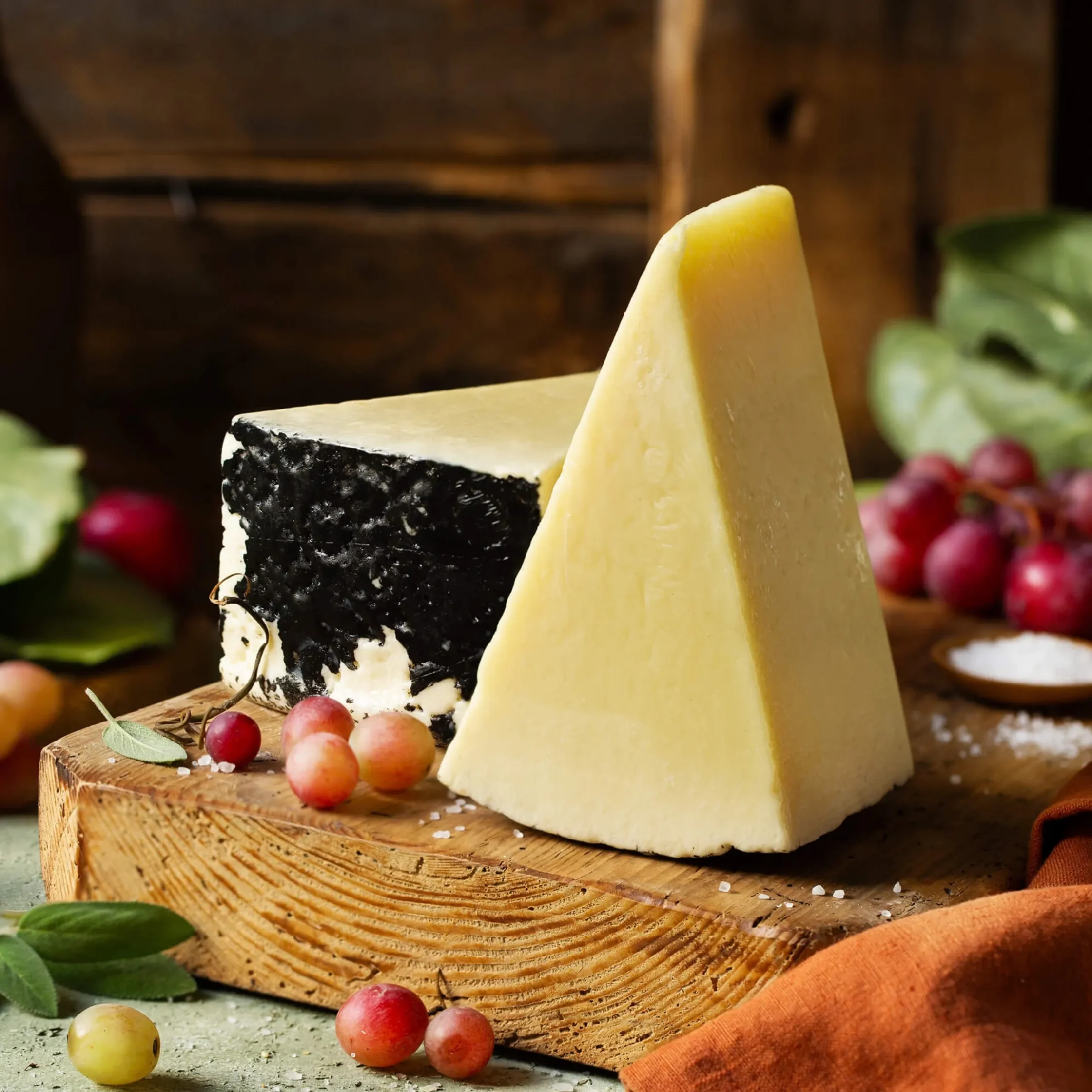 Rustic cheese board with golden and black-rinded cheeses, radishes, fruit, herbs, and warm wood textures, creating a cozy gourmet mood.