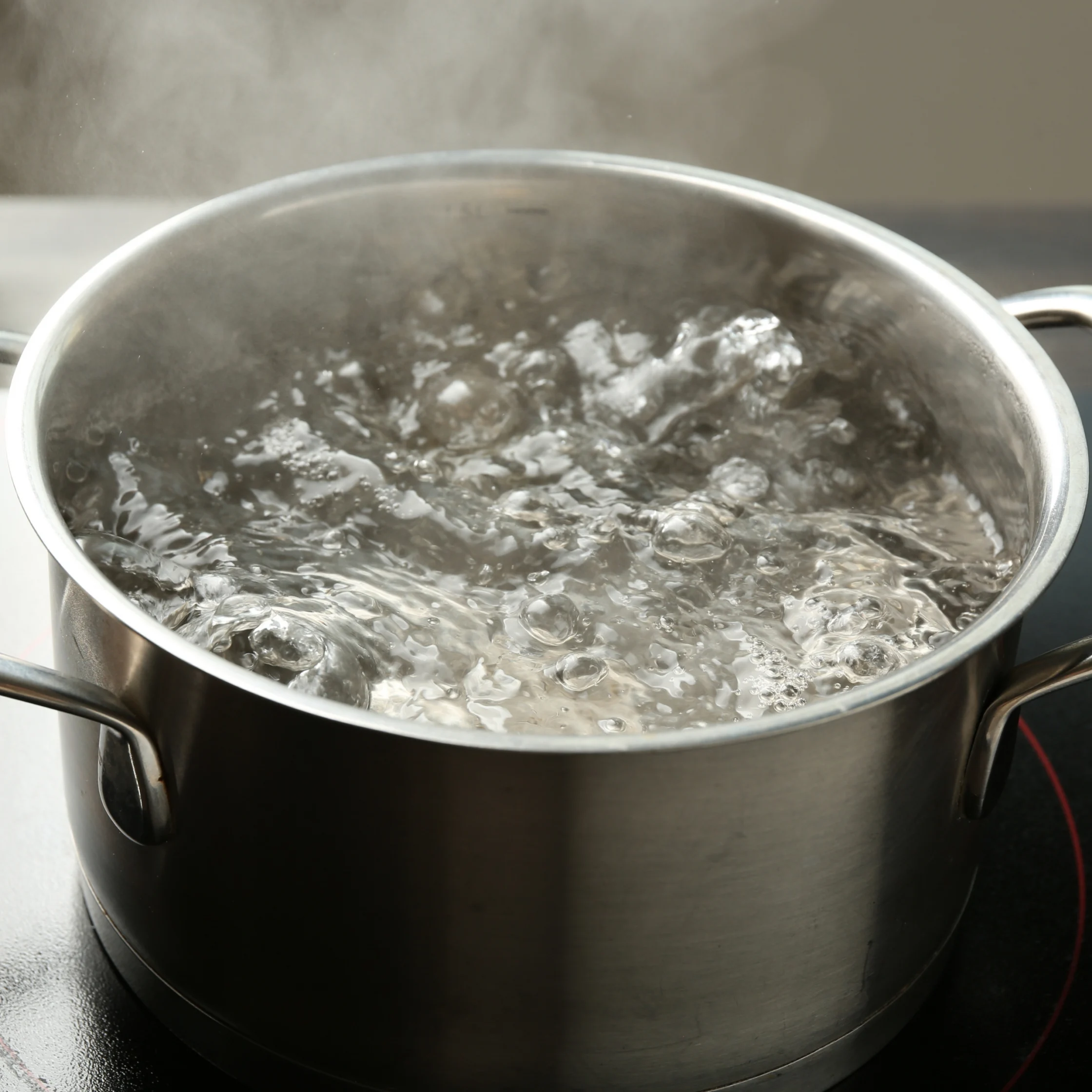 A stainless-steel pot of water boils vigorously on a black electric cooktop, sending up steam; oil and salt shakers sit nearby in a kitchen.