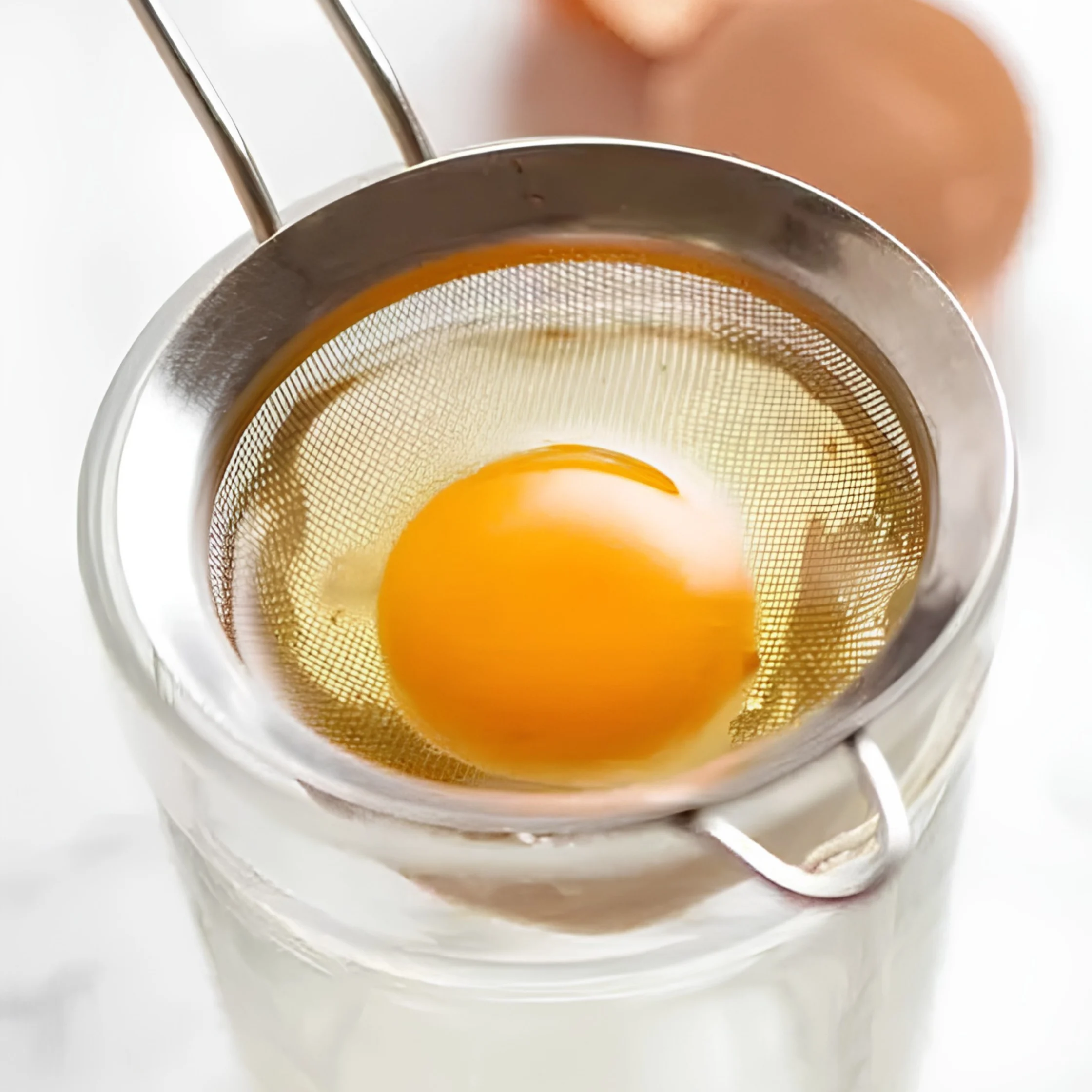 A two-panel kitchen scene shows an egg in a mesh strainer over a glass, with clear egg white draining through and the bright yolk left behind.