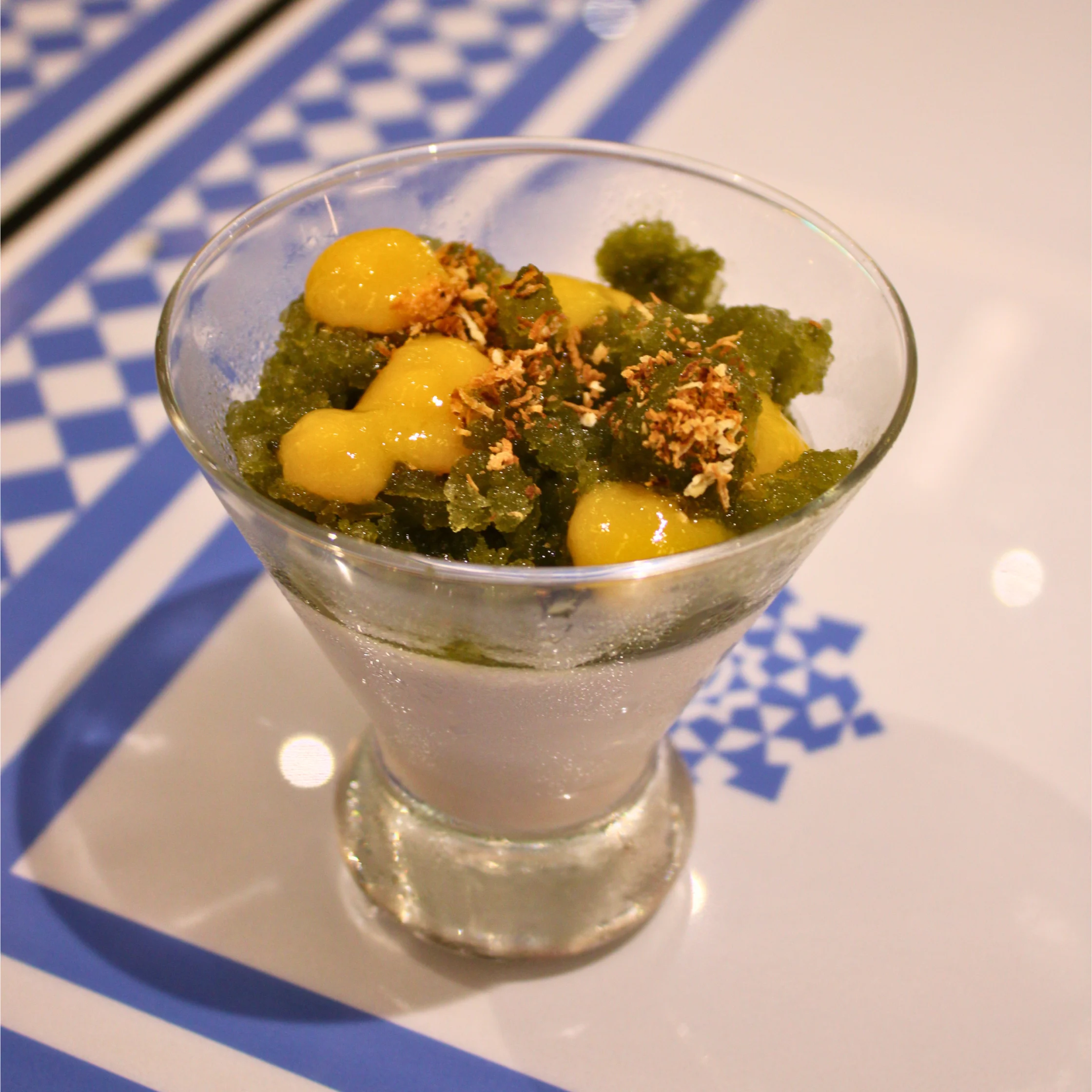 seafood 8 coconut panna cotta with calamansi granita mango jelly and toasted coconut