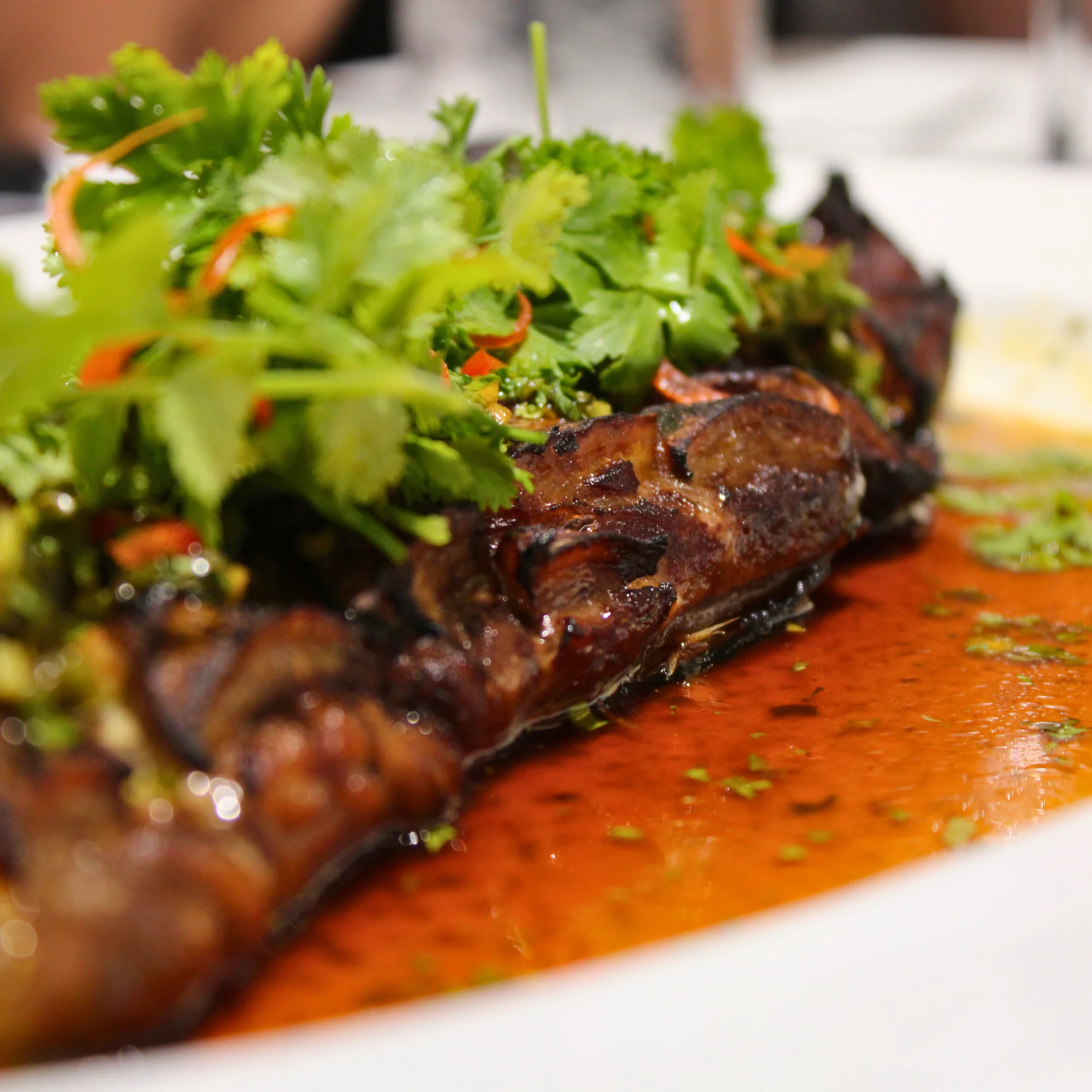 seafood 8 grilled tuna in miso butter candied chili and oeanut