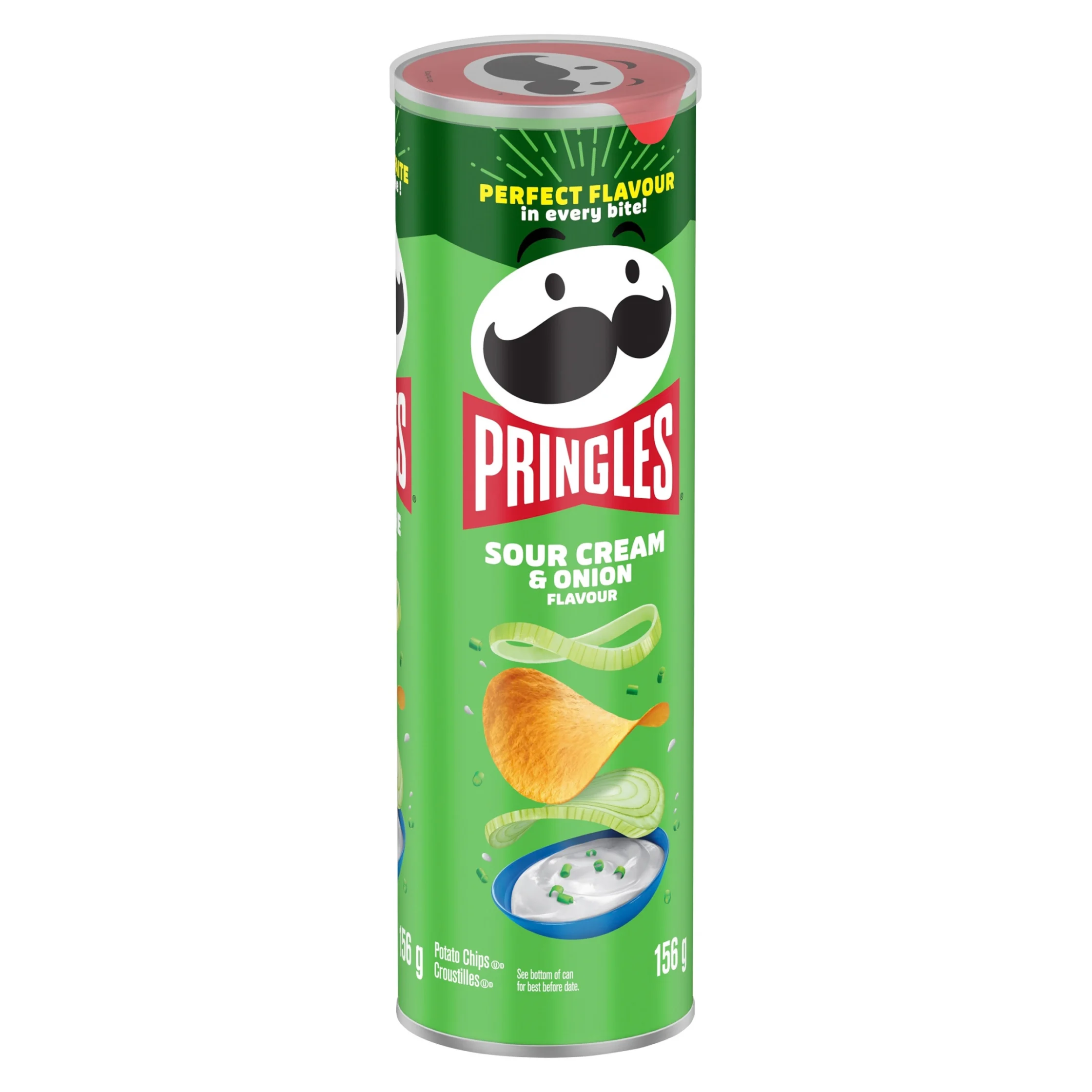Green Pringles can of Sour Cream & Onion flavored crisps, featuring the mustached mascot, potato chips, and dip imagery on a white background.