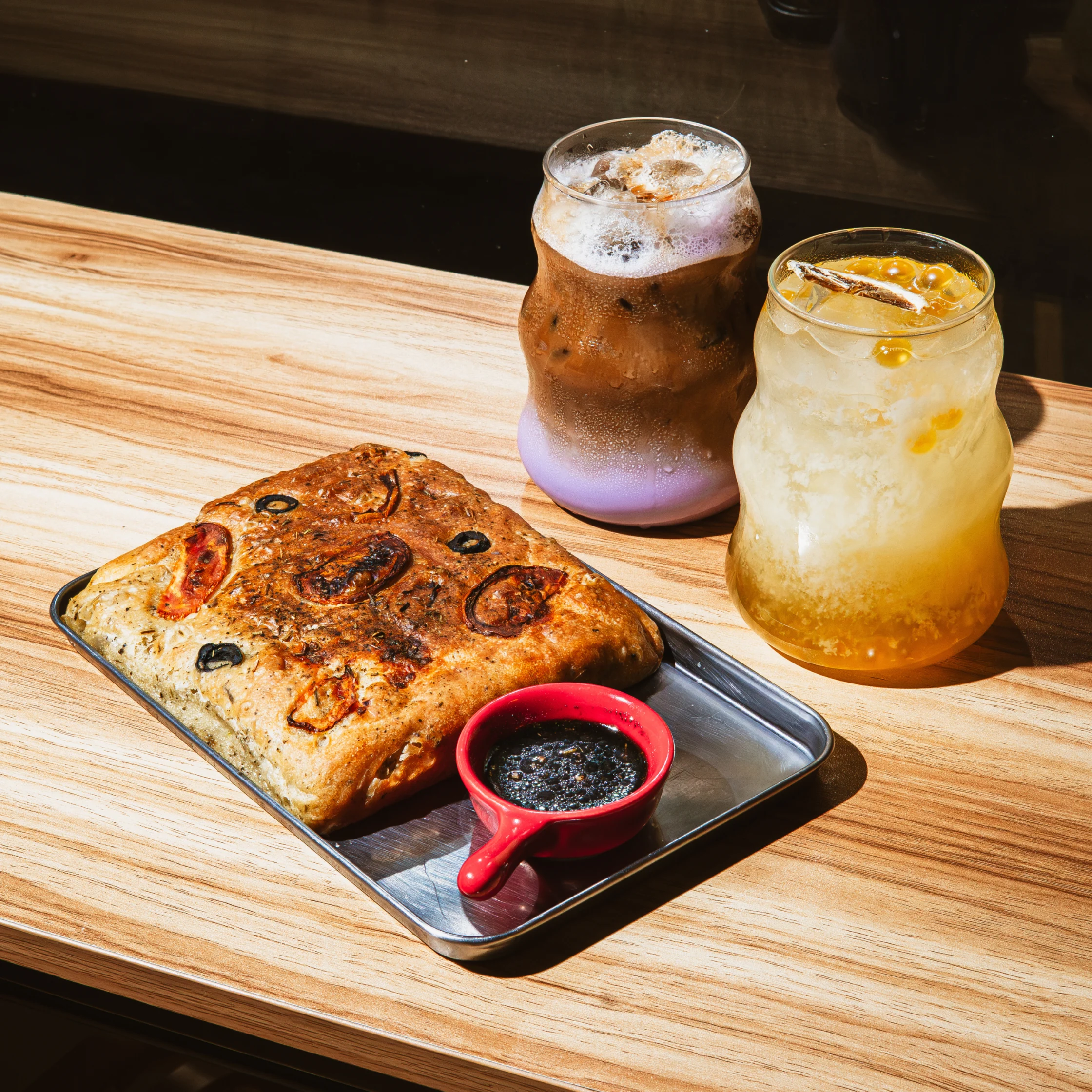 sunshine boy teachers village qc classic focaccia dirty ube latte and tropical refresh