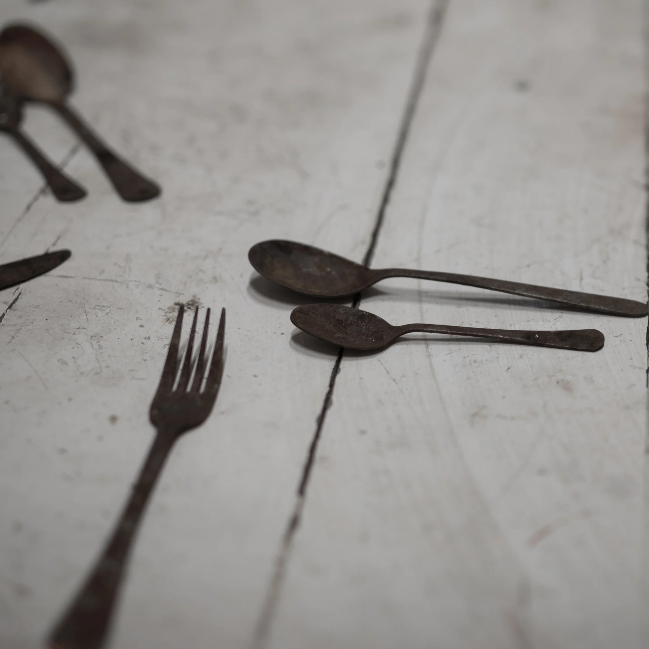 Rusty antique spoons, a fork, and part of a knife lie on a scratched white tabletop, creating a quiet, nostalgic still life.