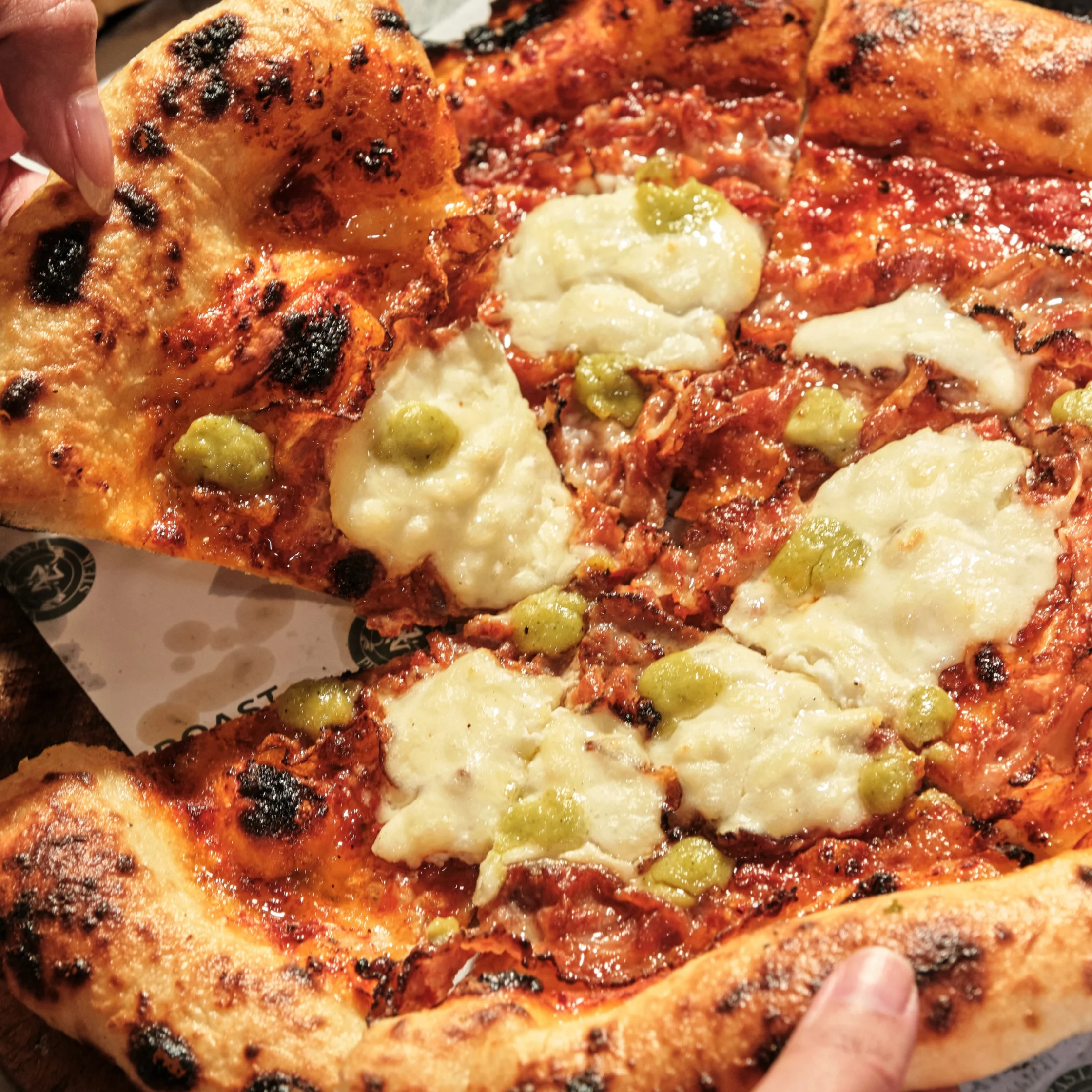 Guanciale Pea Puree Pizza PHOTO COURTESY OF Sicilian Roast Official Instagram