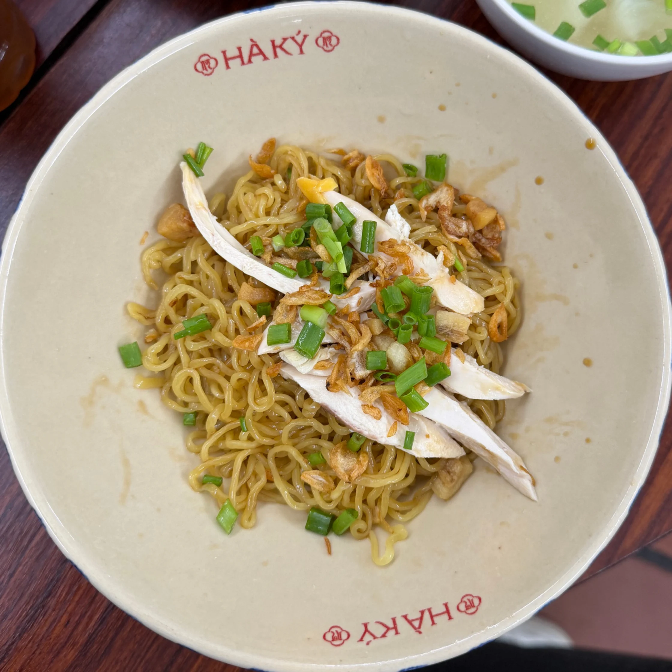 A bowl of glossy stir-fried noodles topped with sliced chicken, chopped green onions, and crispy shallots, served on a dark wooden table; appetizing and casual.