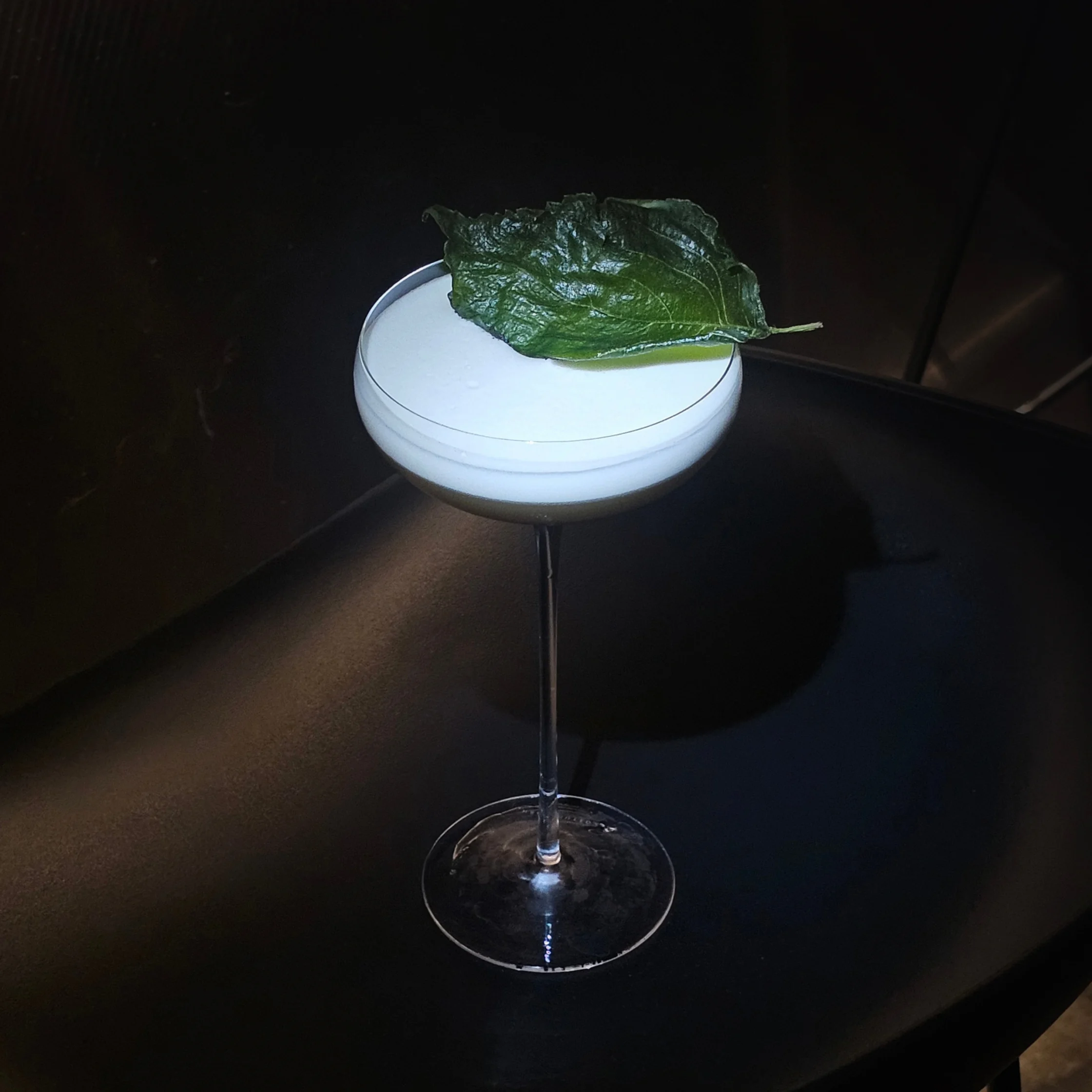 A creamy white cocktail sits in a slender stemmed glass, topped with a glossy green leaf; dramatic low lighting gives the drink an elegant, moody feel.