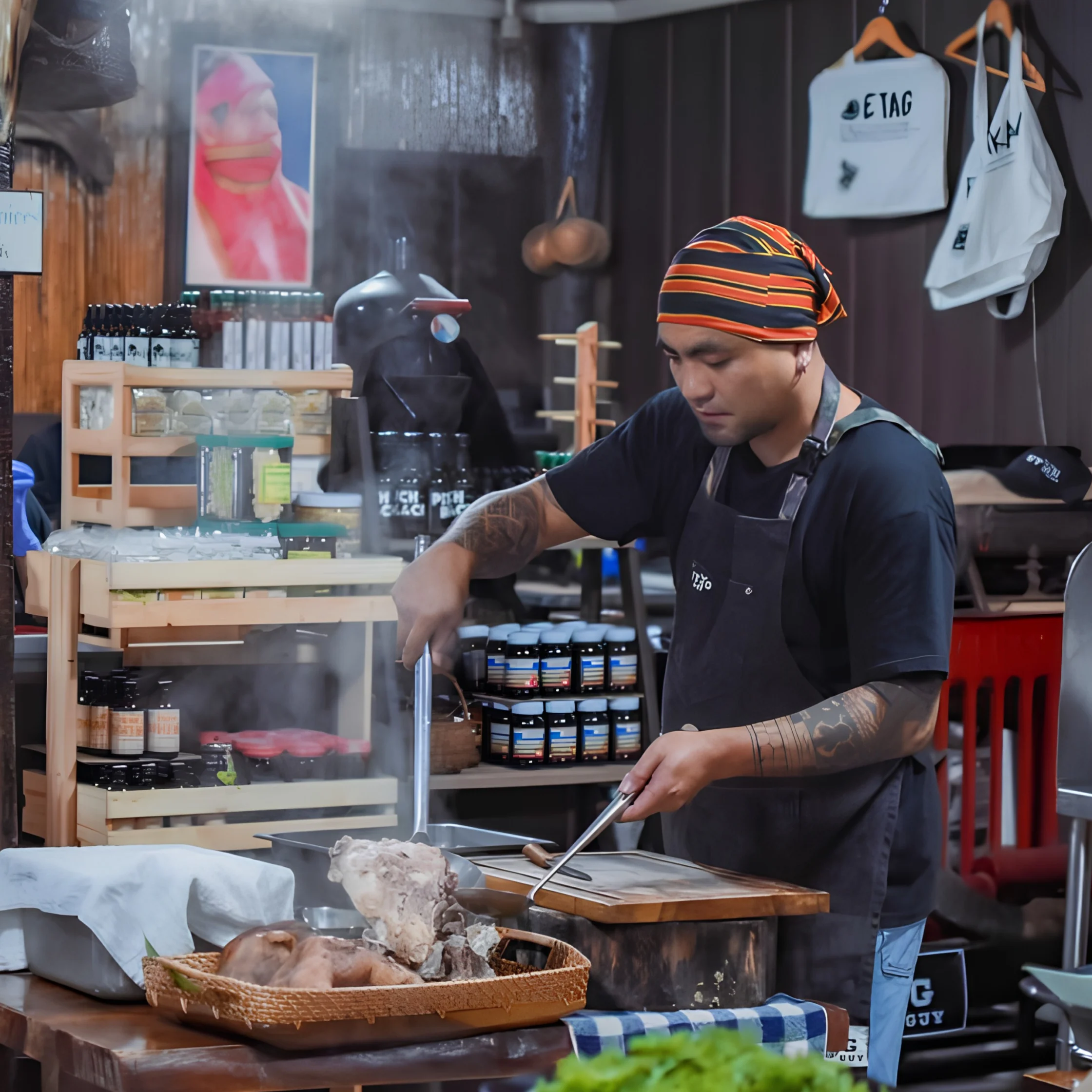 A focused chef in a striped beanie carves roasted meat at a steaming market stall, surrounded by sauces and cooking tools; busy, warm atmosphere.