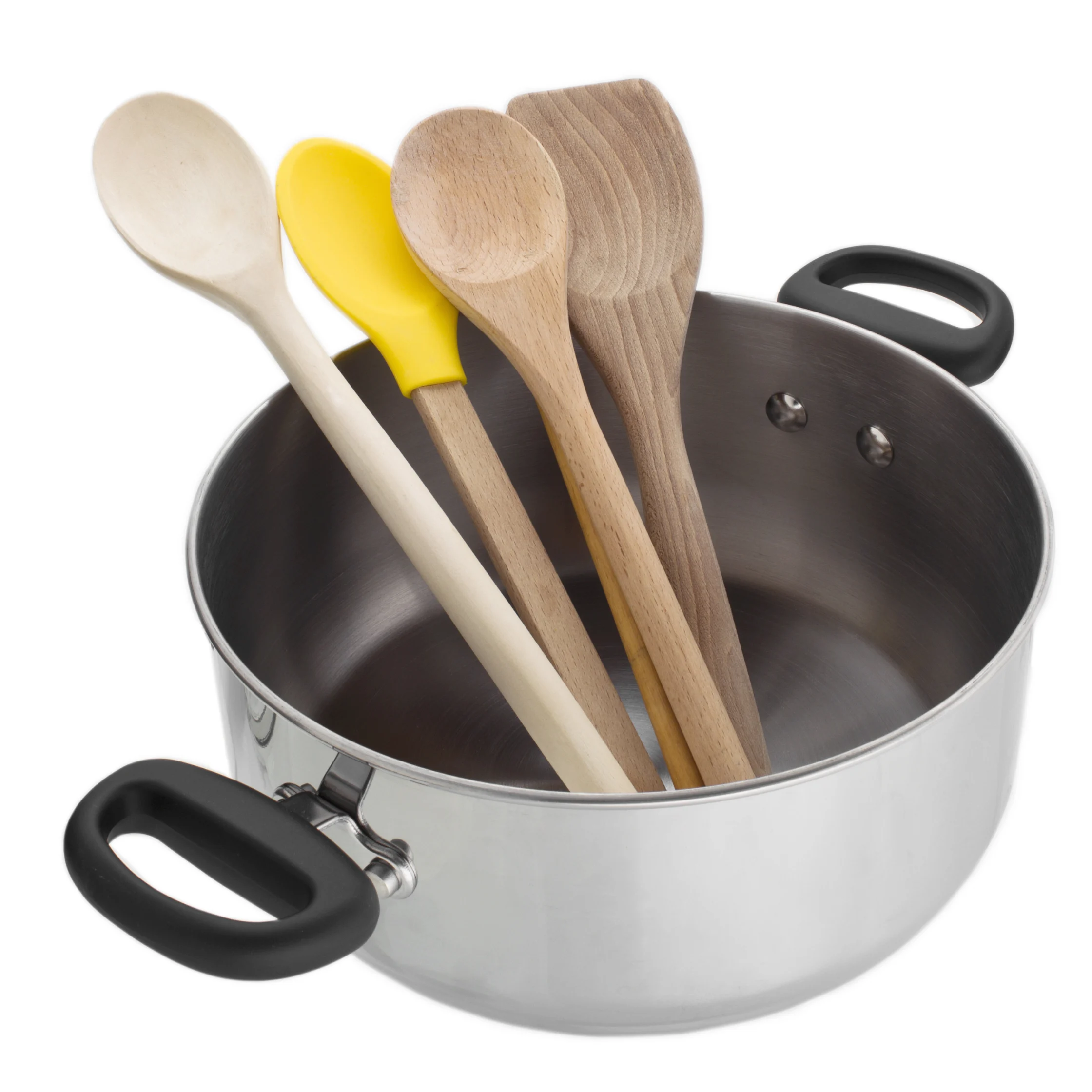 A stainless-steel stockpot with black handles holds four wooden and two silicone cooking utensils, arranged upright against a clean white background.