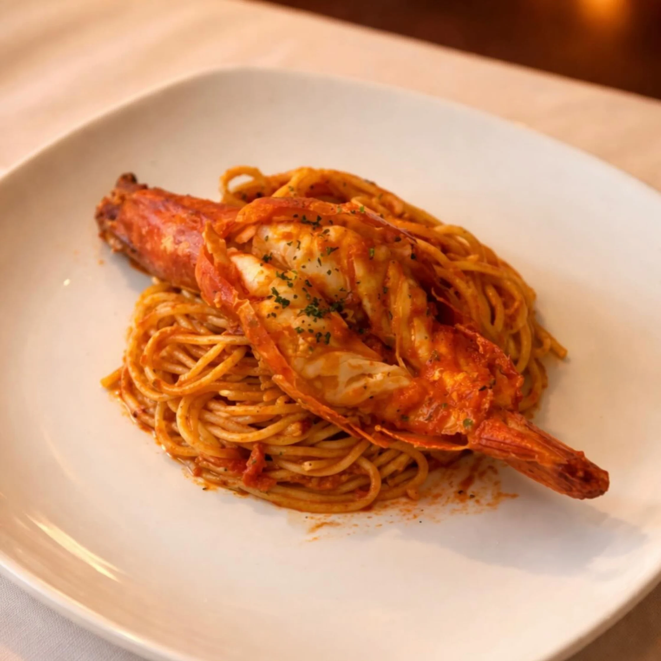 Spaghetti alla Positano con gamberoni from Caruso PHOTO COURTESY OF Caruso Ristorante Italiano Official Instagram