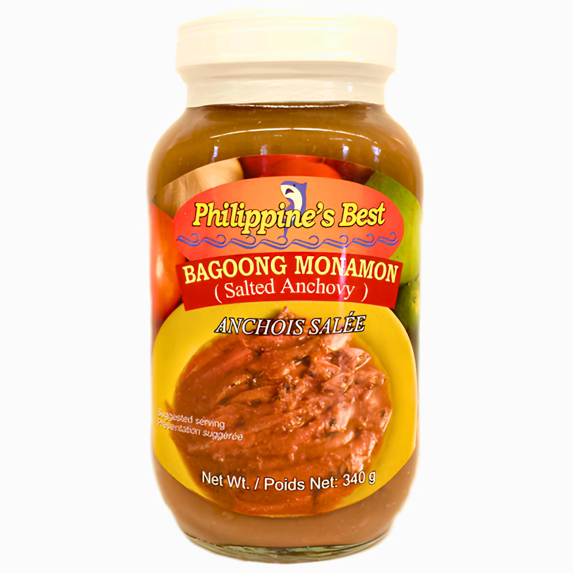 A jar labeled Philippine’s Best Bagoong Monamon, or salted anchovy paste, with a creamy lid and bright red, yellow, and green label; product photo on white.