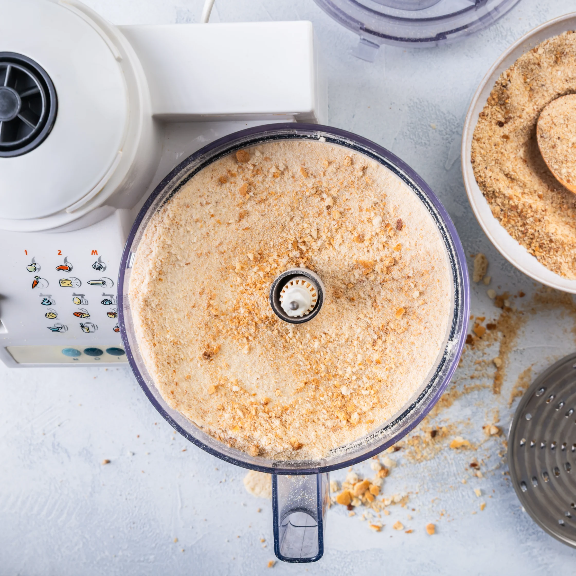 Overhead view of a food processor filled with finely ground golden breadcrumbs, with crumbs scattered across the counter and a bowl of crumbs nearby.