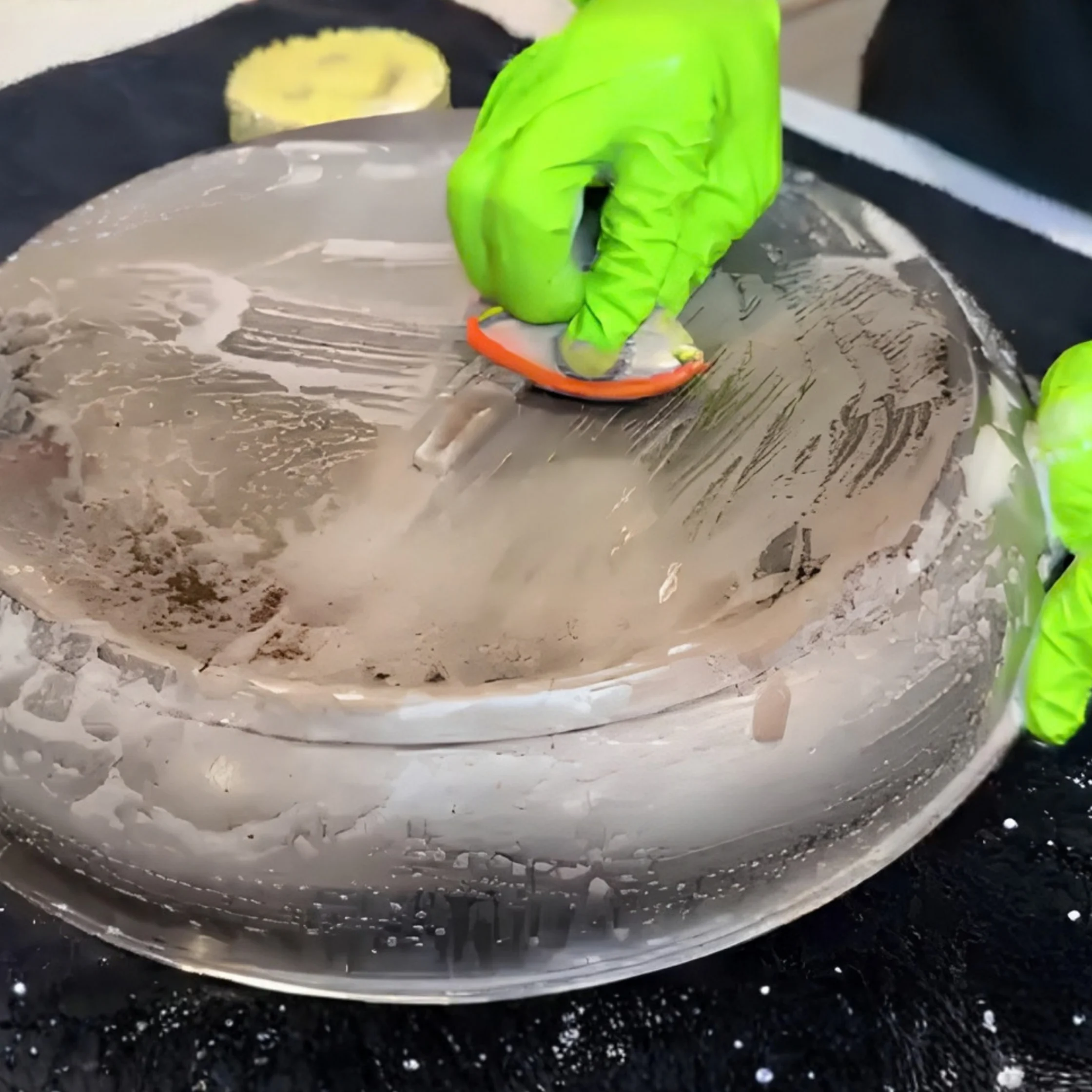 A neon-green gloved hand scrubs a large, sudsy round metal tray with an orange-edged sponge, conveying focused, hands-on cleaning.