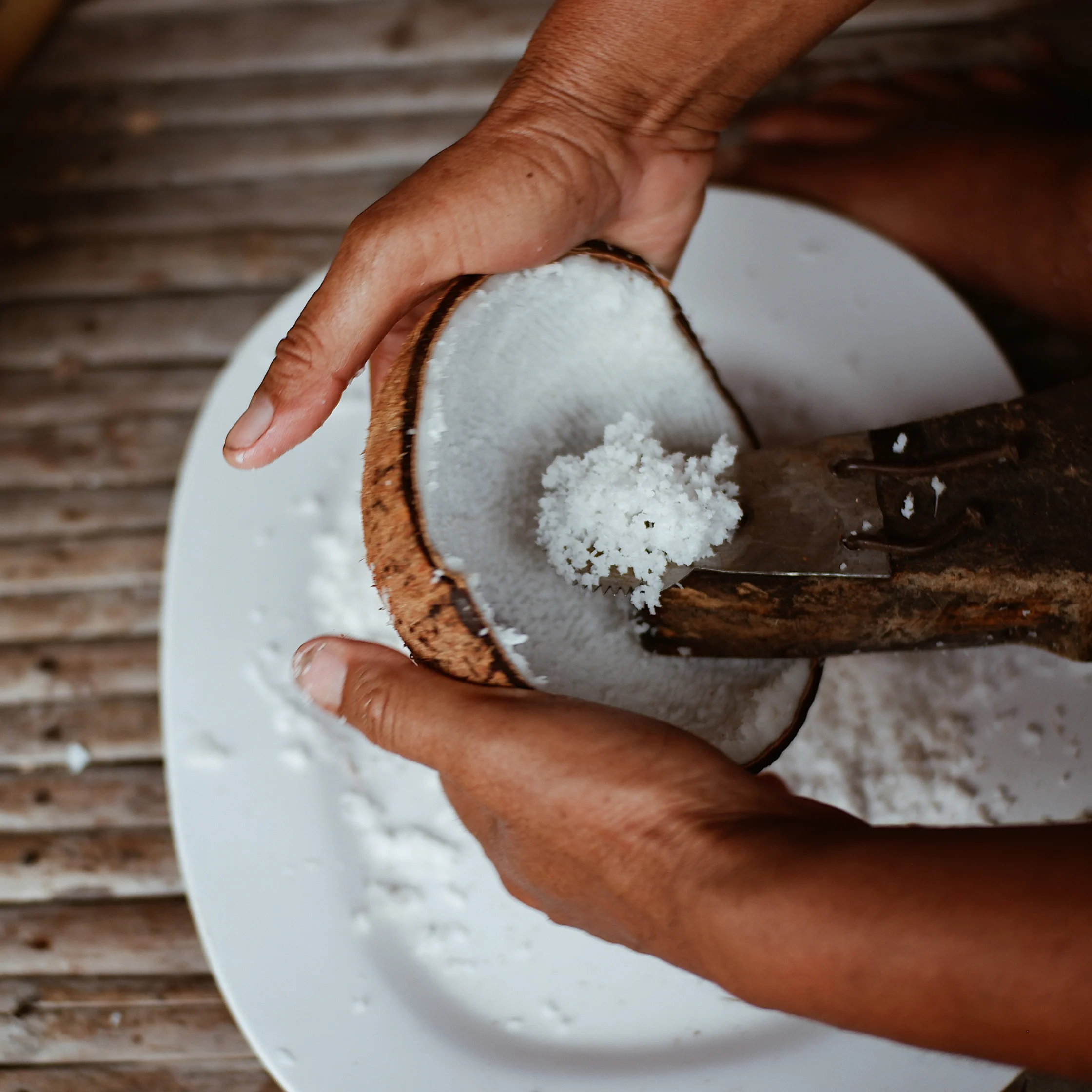 Hands scrape fresh white coconut flesh from a halved brown coconut onto a plate with a metal tool, in a rustic kitchen setting. The scene feels handmade and calm.
