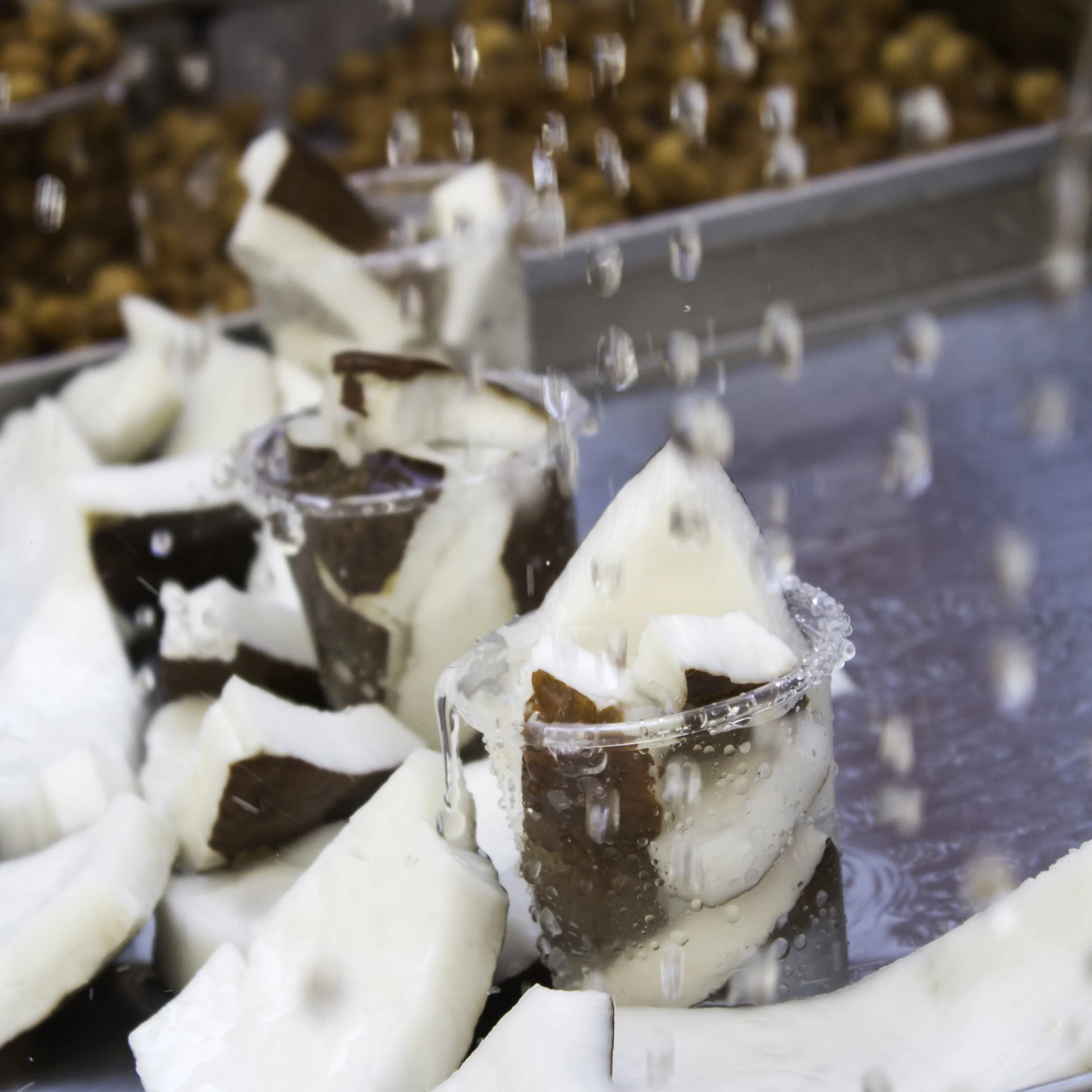 A close-up of white cheese curds being washed on a metal conveyor, with water droplets spraying over the fresh curds in a busy dairy factory.