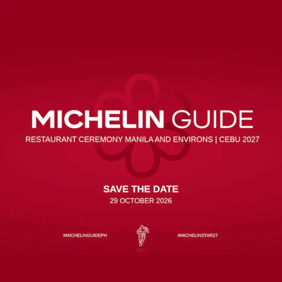 Red event graphic announces the Michelin Guide Restaurant Ceremony, Manila and Environs | Cebu 2027, with a save-the-date for October 29, 2026.