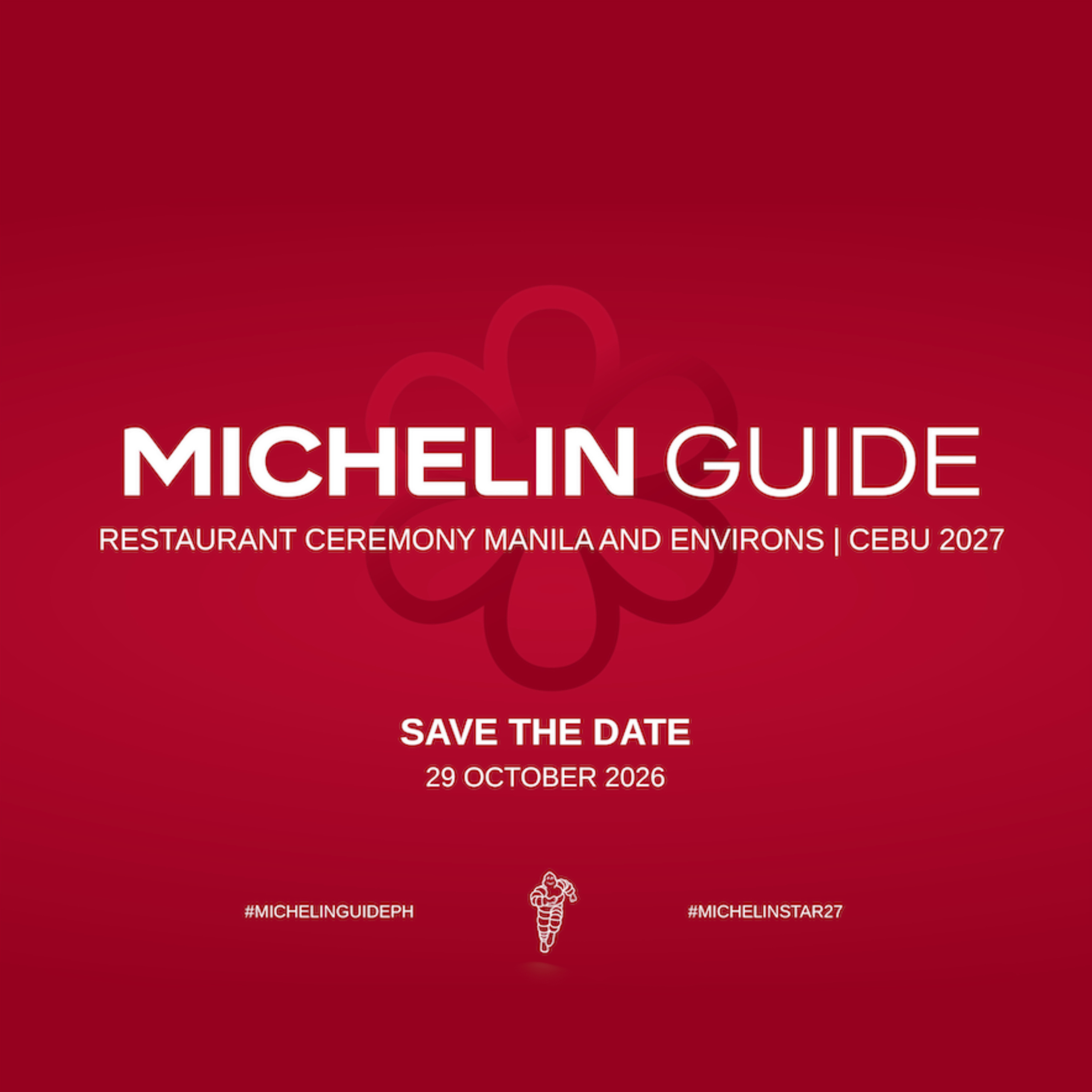Red event graphic announces the Michelin Guide Restaurant Ceremony, Manila and Environs | Cebu 2027, with a save-the-date for October 29, 2026.
