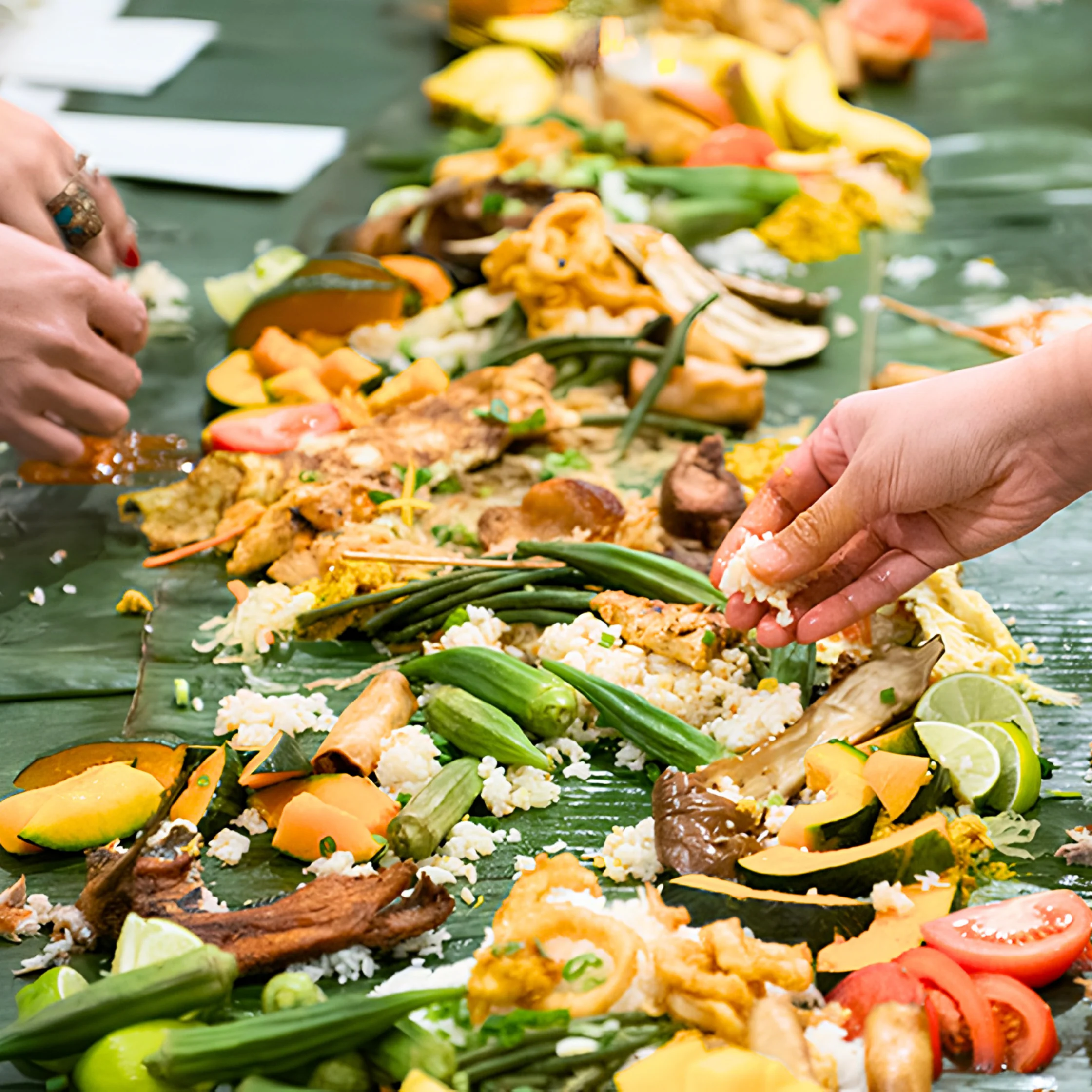 Hands arrange a colorful communal feast of rice, grilled vegetables, squash, peppers, and herbs across banana leaves, creating a warm, festive mood.