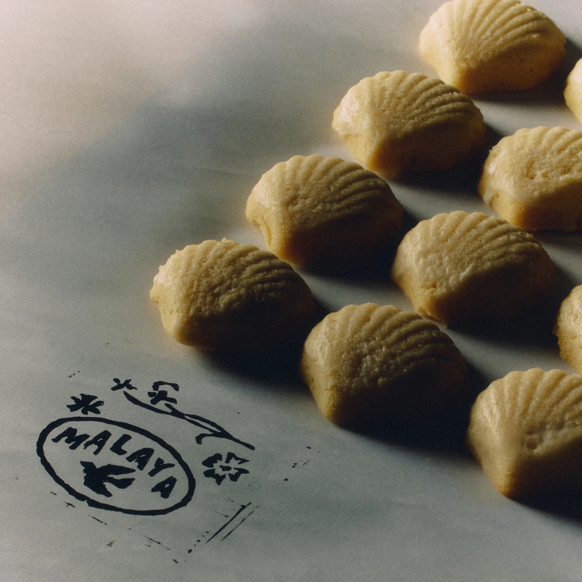 Golden ridged madeleine cookies rest diagonally on paper beside a bold black ink stamp; soft shadows and muted tones create a warm, nostalgic mood.