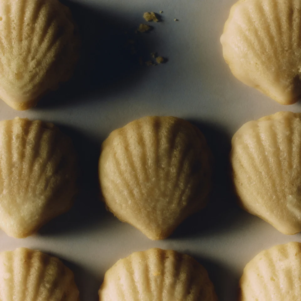 Five golden, shell-shaped madeleine cookies sit in rows on a dark baking sheet, with crumbs scattered above; warm light highlights their ridges and crisp edges.