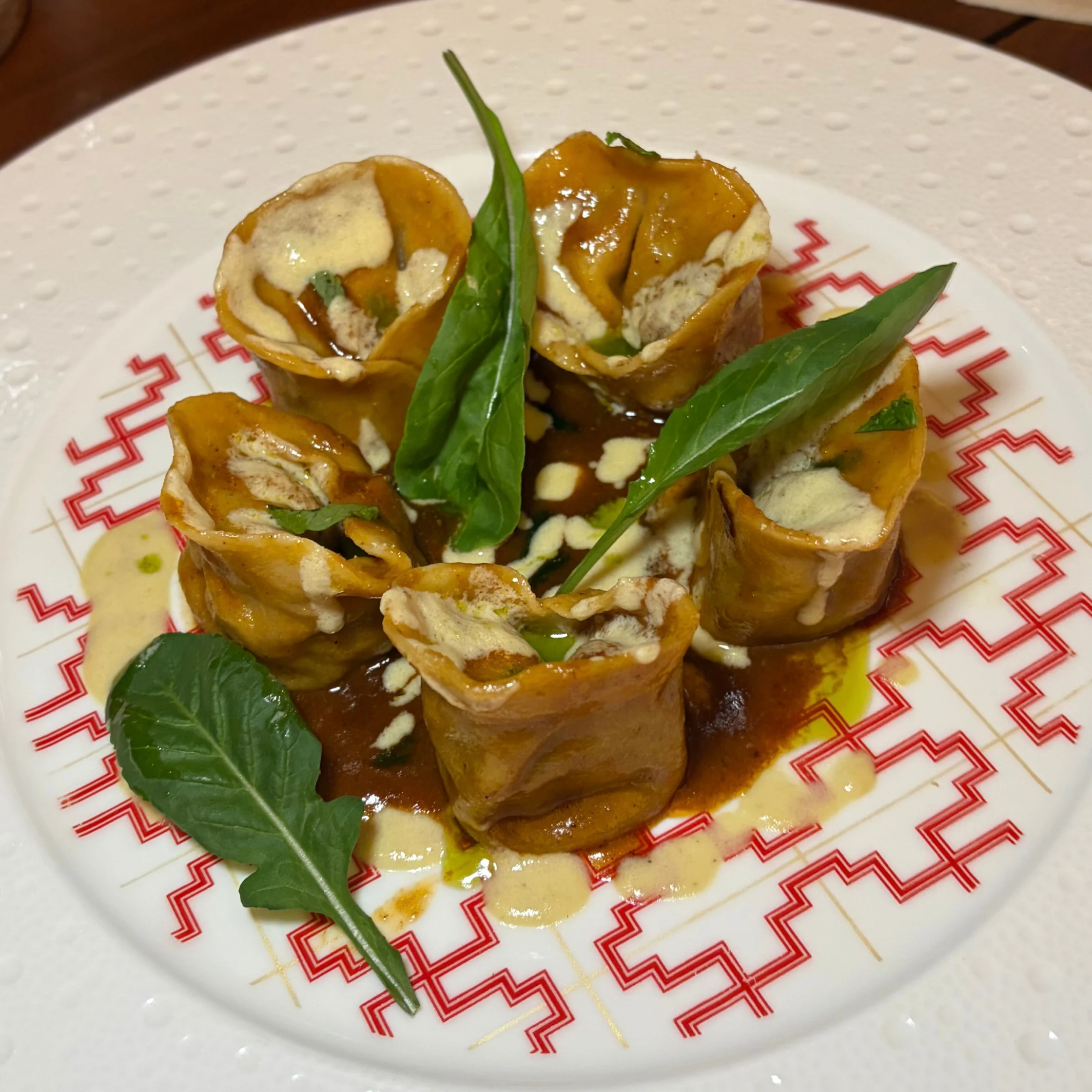 Five golden-brown stuffed pasta rolls sit in a rich brown sauce on a white plate with red geometric patterns, topped with cream and fresh greens. The dish looks warm and inviting.
