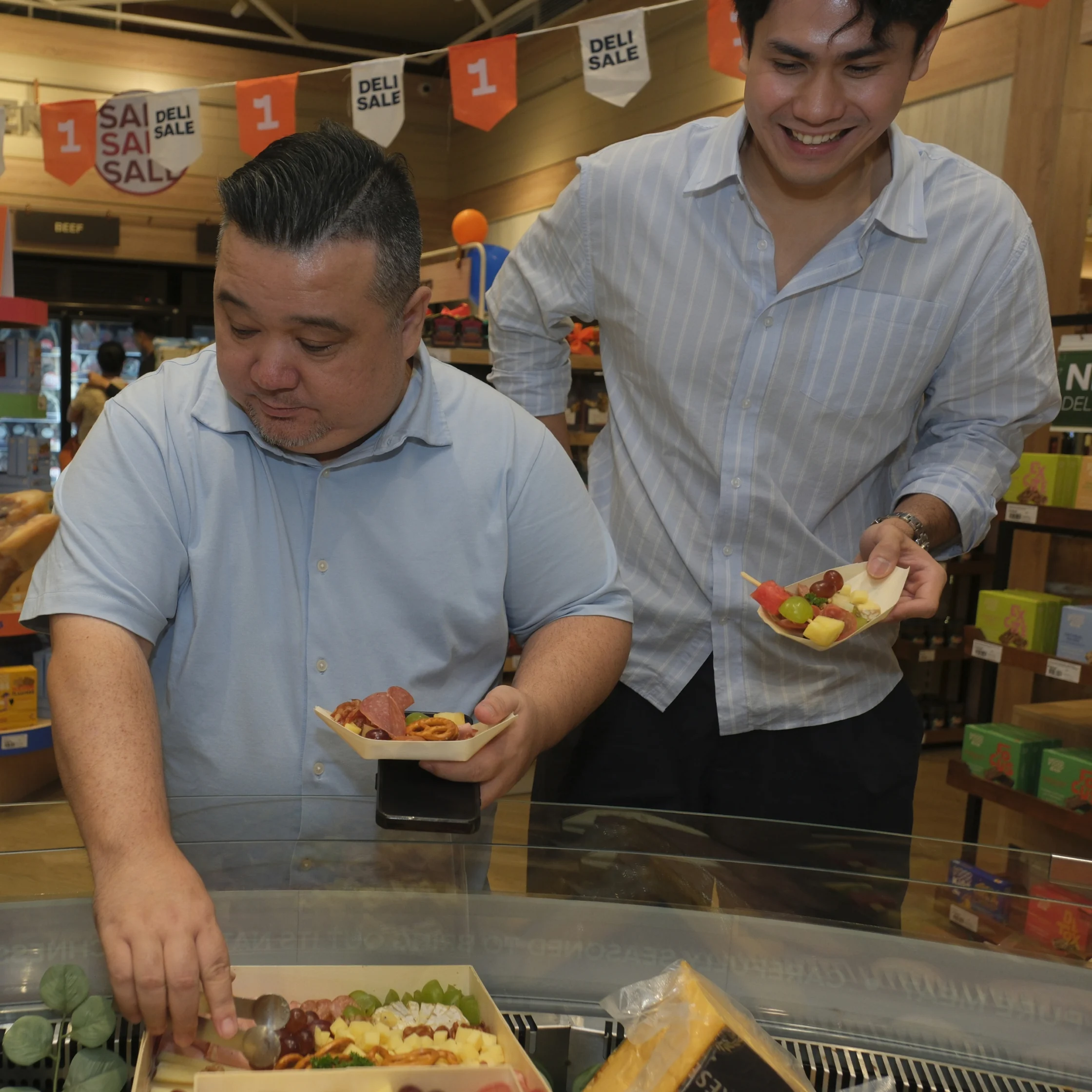 Two smiling men sample food at a deli counter beneath “Deli Sale” signs; one points to a tray of samples, creating a friendly, casual mood.