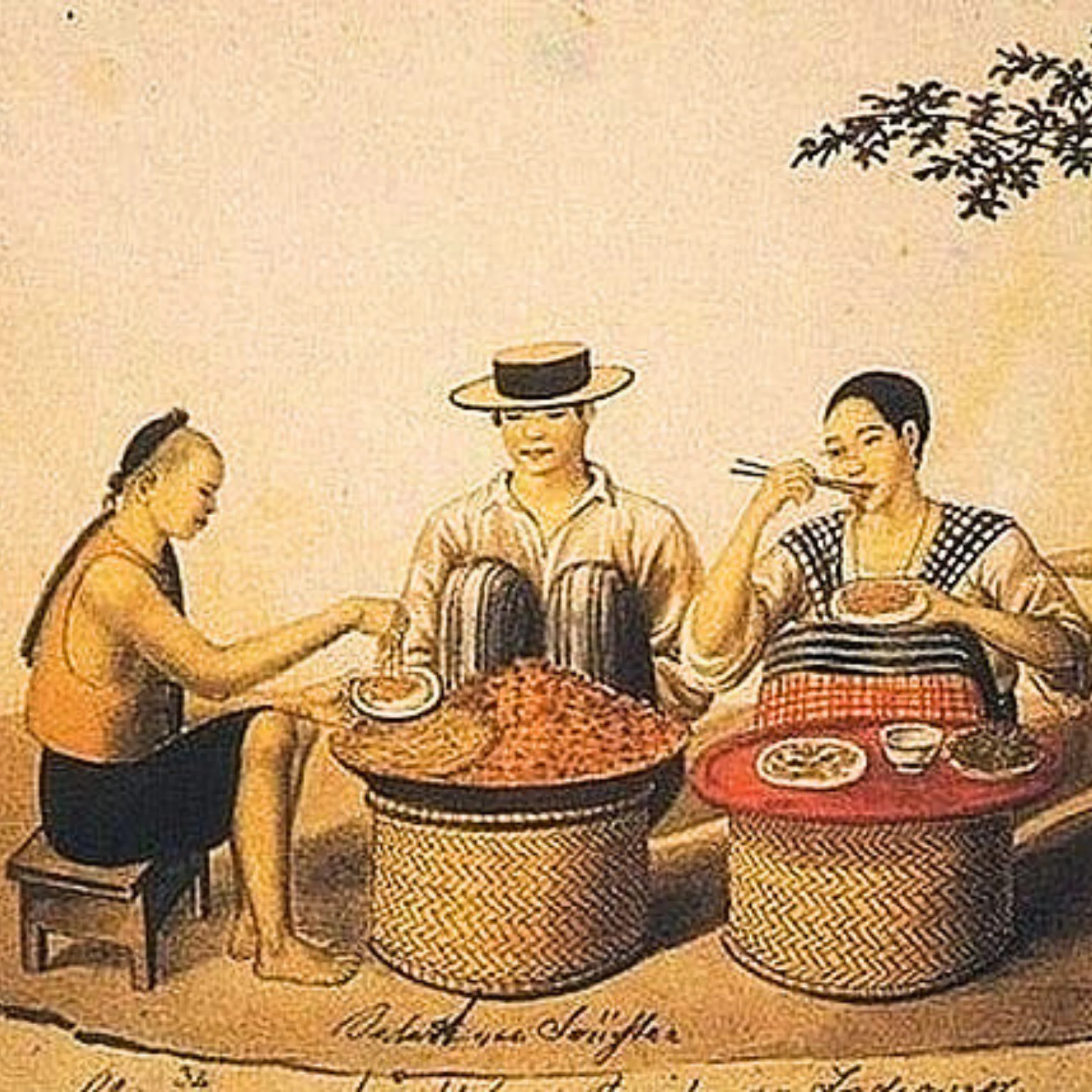 Vintage painting of four people sharing a meal beside woven food baskets, with a woman serving at a low table under a tree; a calm rural scene.