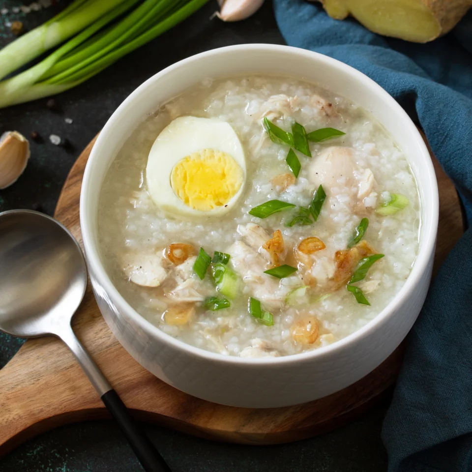 A white bowl of creamy chicken rice porridge topped with a halved boiled egg, scallions, and crispy fried shallots, served with a spoon on a wooden board.