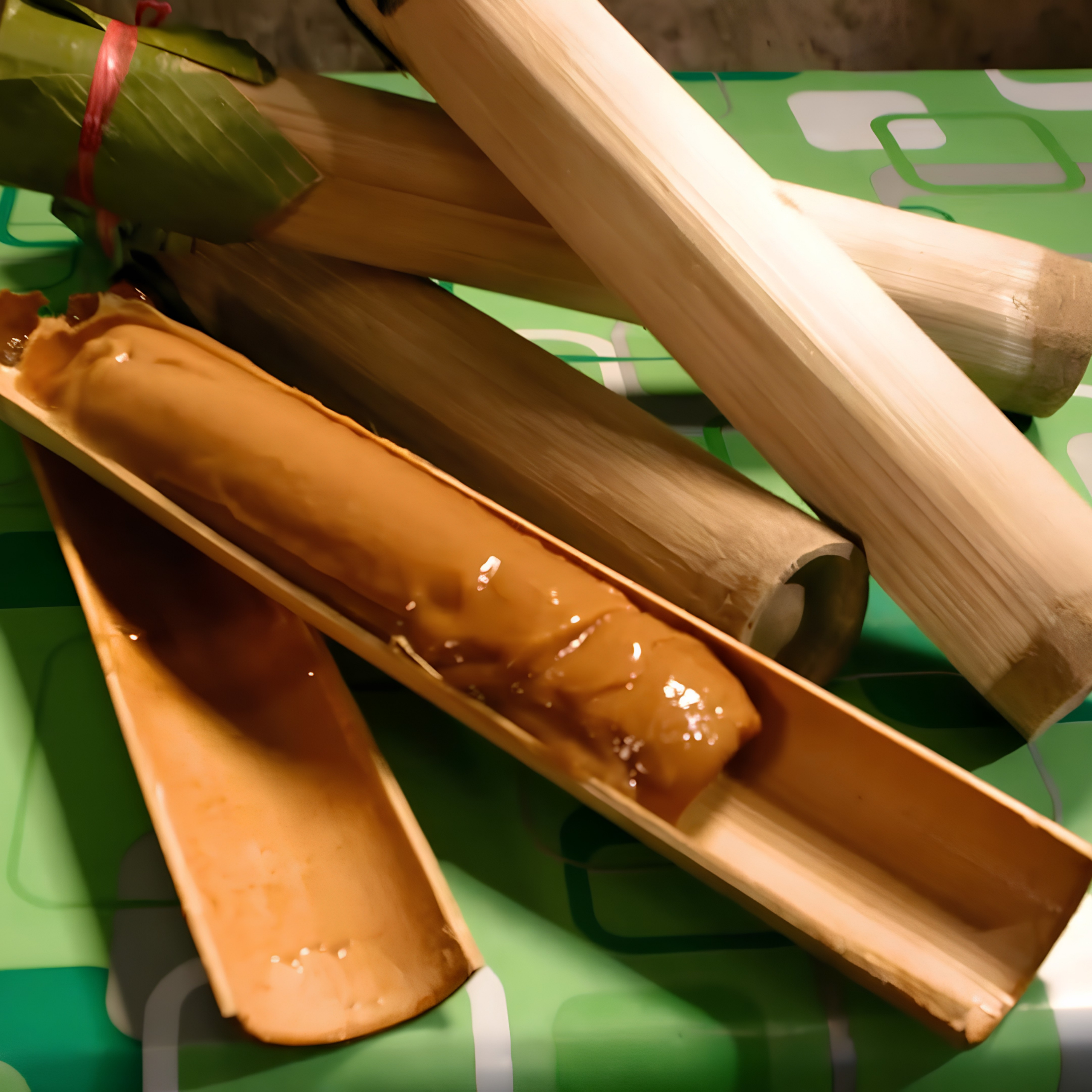 Glossy brown sugar or caramel coats a split bamboo tube in the foreground, with cut bamboo poles behind it on a green patterned surface; warm, rustic food-preparation scene.
