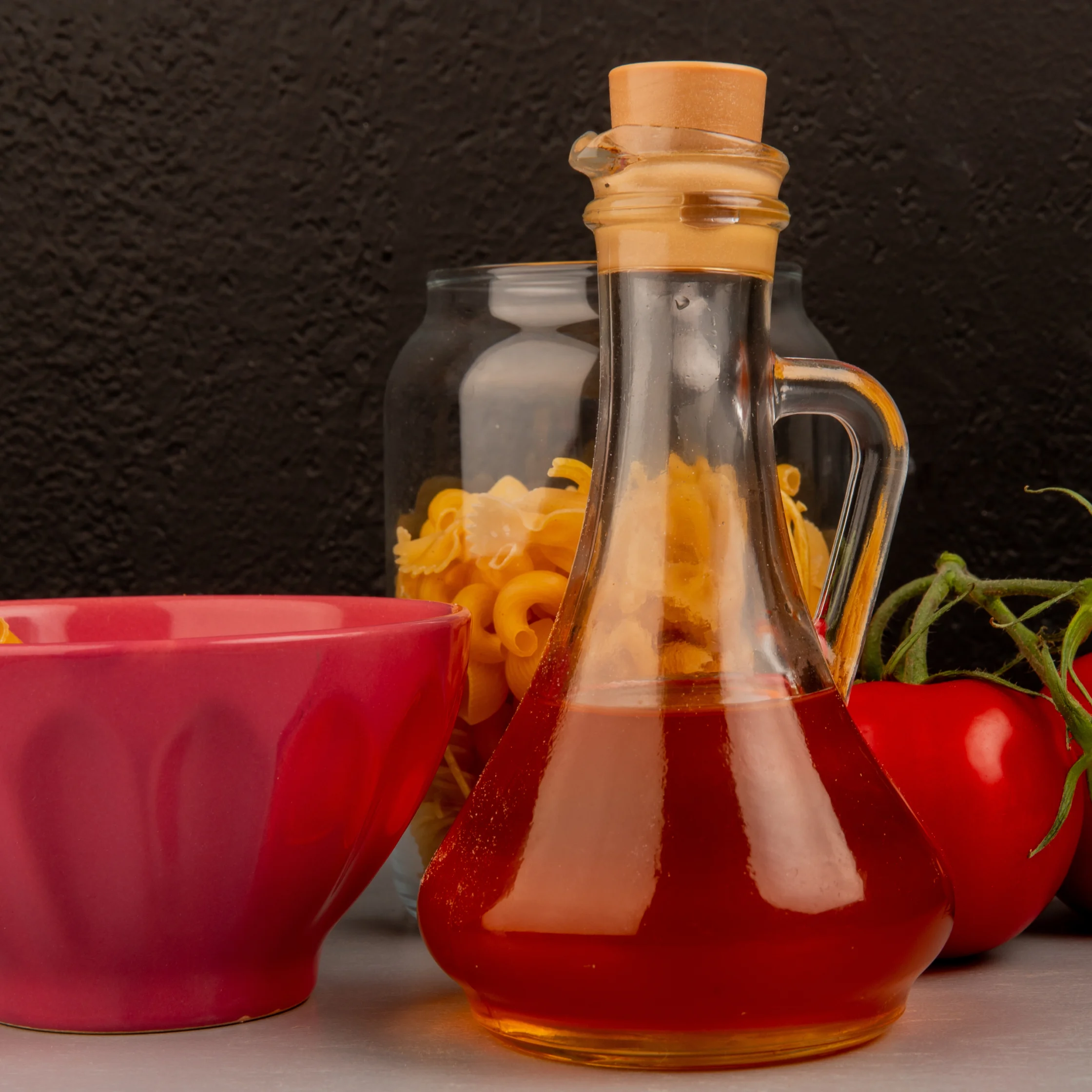 A glass cruet of red tomato sauce stands beside a red bowl, pasta jar, and fresh tomatoes against a dark backdrop, creating a warm, rustic kitchen mood.